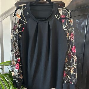 Beautiful Black Top with Floral Embroidered Sleeves